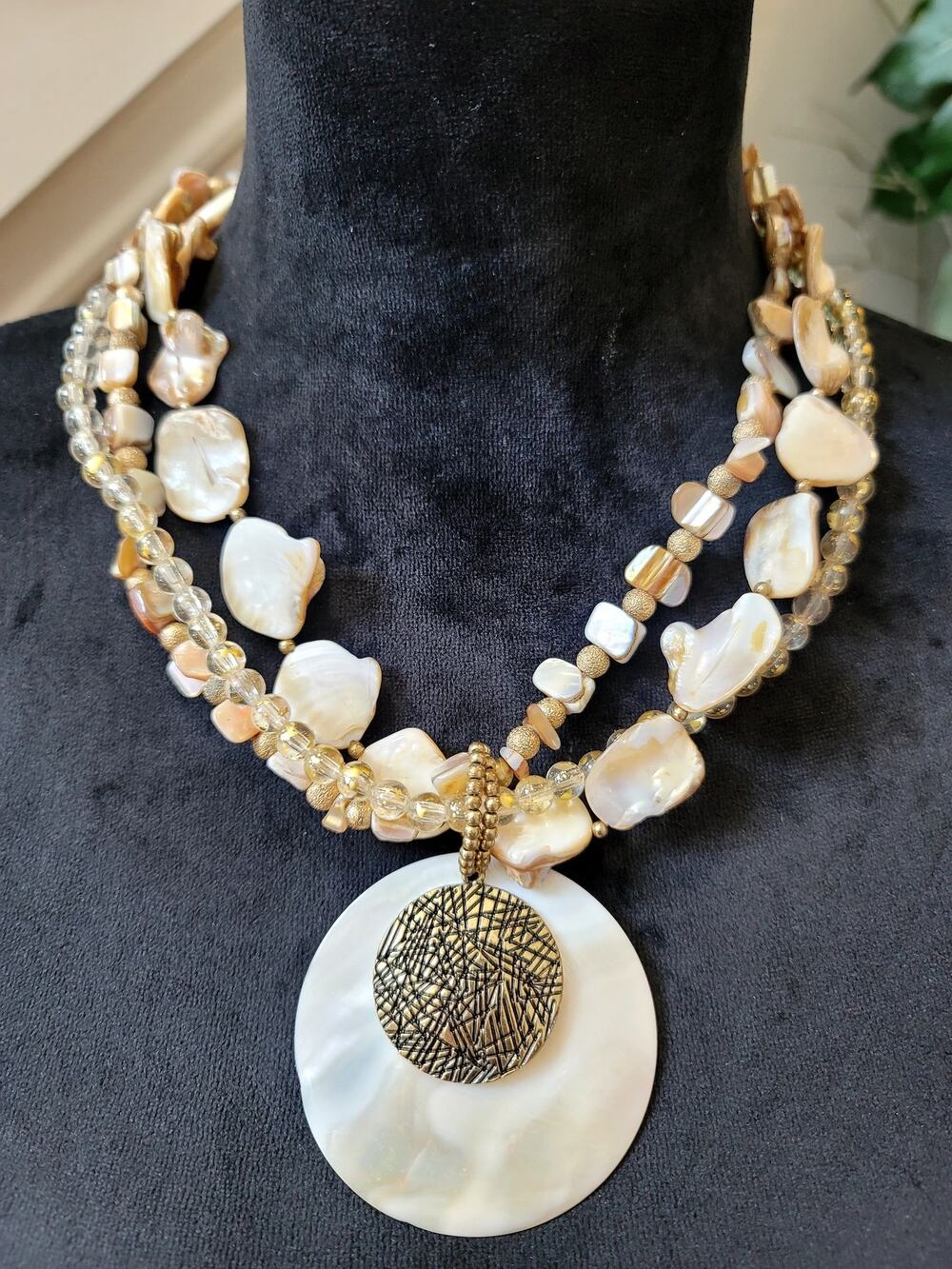 Vintage Multi Strand Mother of Pearl Pendant Necklace Gold Tone Statement Bib